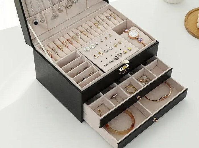 Multiple compartments showcased in open storage box layout