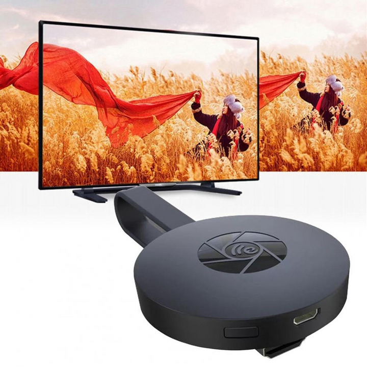 Smart TV streaming stick connected to television displaying scenery