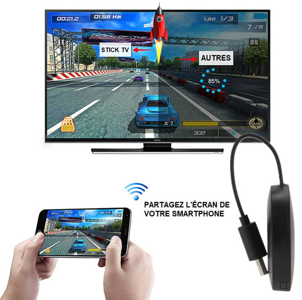 TV adapter streaming device held in hand to demonstrate ultra portable size