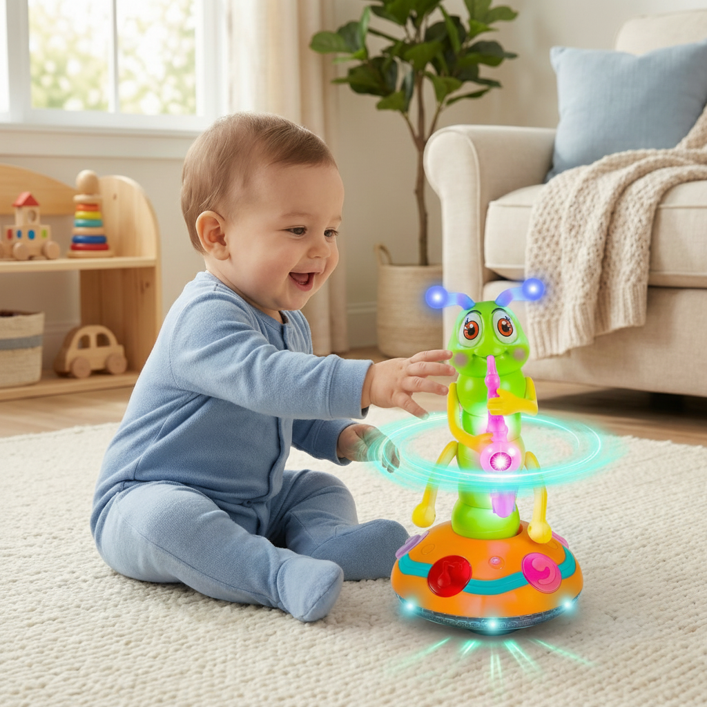 A baby smiling while playing with a musical spinning caterpillar toy on a rug