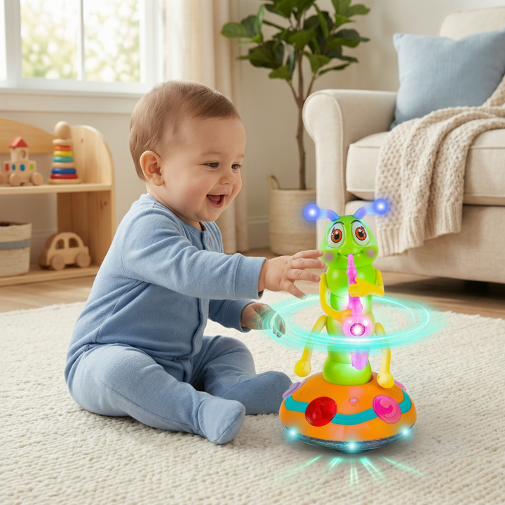 A baby smiling while playing with a musical spinning caterpillar toy on a rug