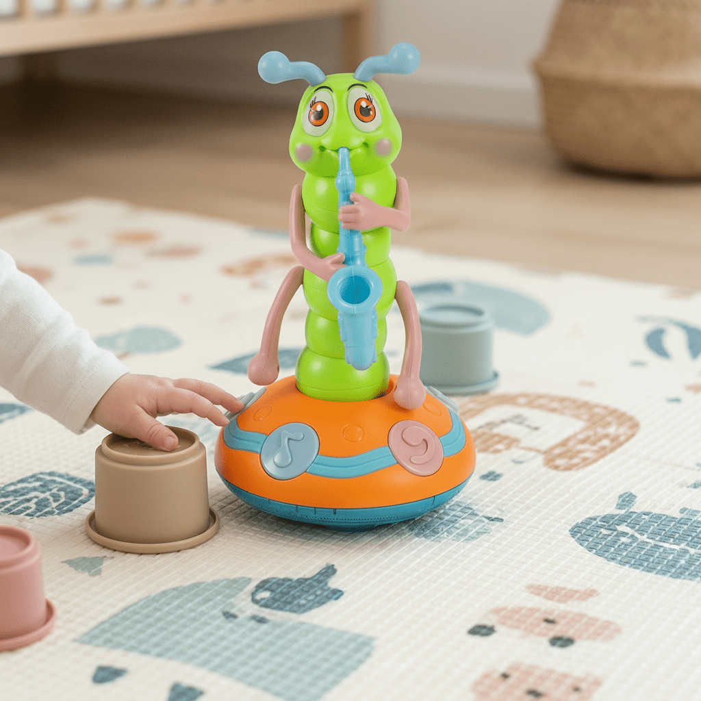 A baby's hand reaching for the musical spinning caterpillar toy near stacking cups
