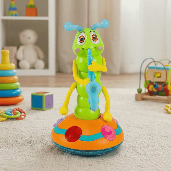 Close-up of the colorful musical crawling caterpillar toy with a saxophone