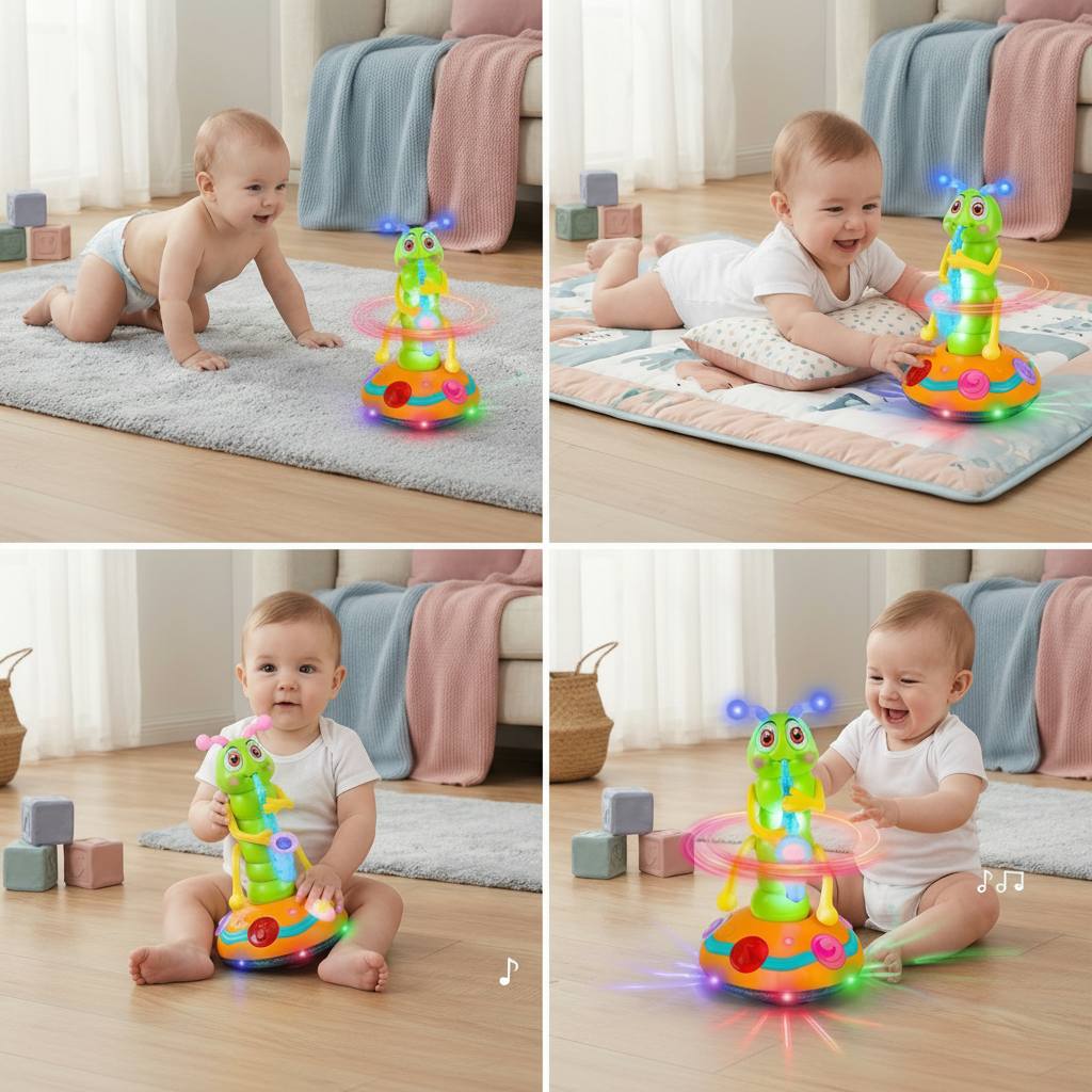 Interactive musical crawling caterpillar toy with spinning lights for baby sensory development
