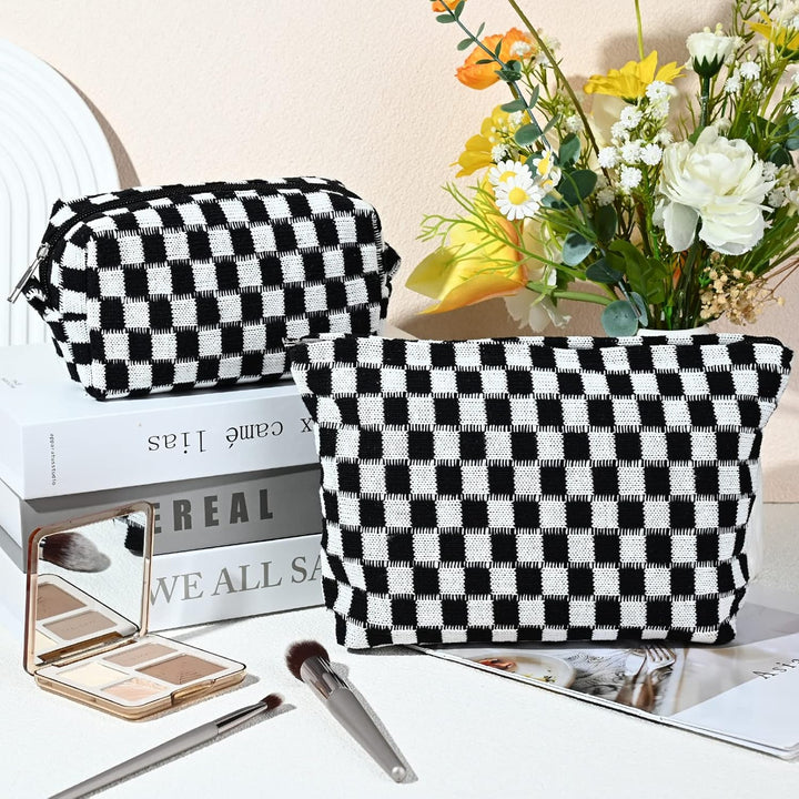 Travel organizer toiletry bag featuring a trendy checkered pattern