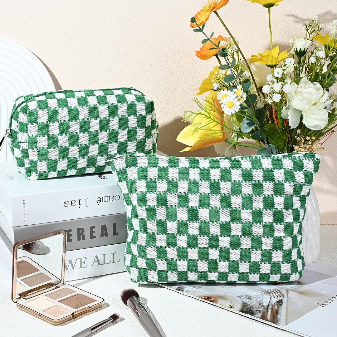 Compact checkered makeup bag ideal for purse and travel