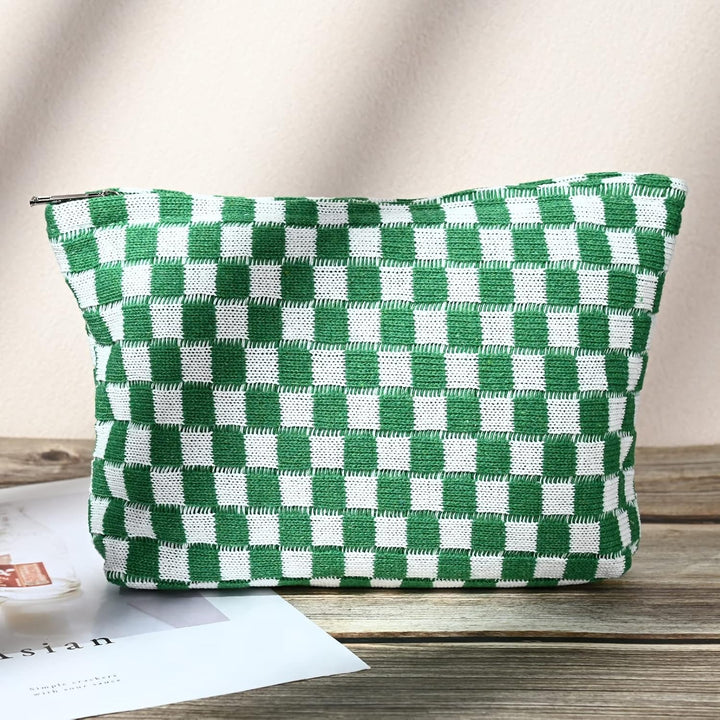Checkered travel toiletry bag designed for women on the go