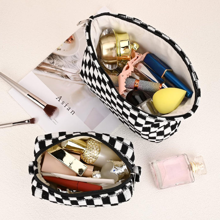 Women checkered cosmetic bag organizer with spacious interior for travel