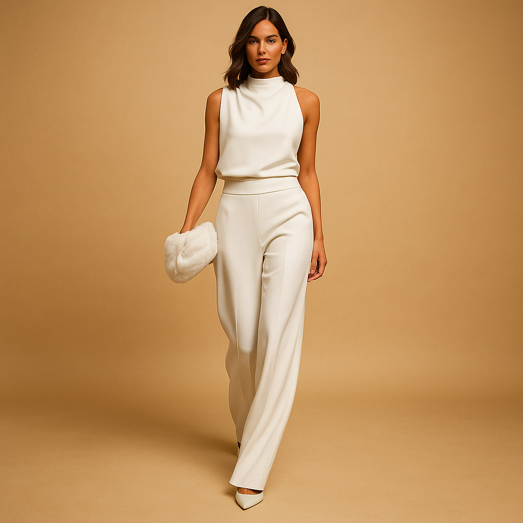 Office chic mock neck jumpsuit in a flattering wide leg silhouette for women