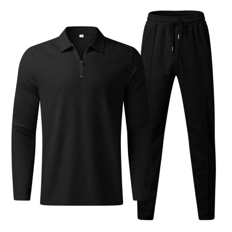 Stylish mens fashion quarter zip polo paired with matching joggers for daily wear