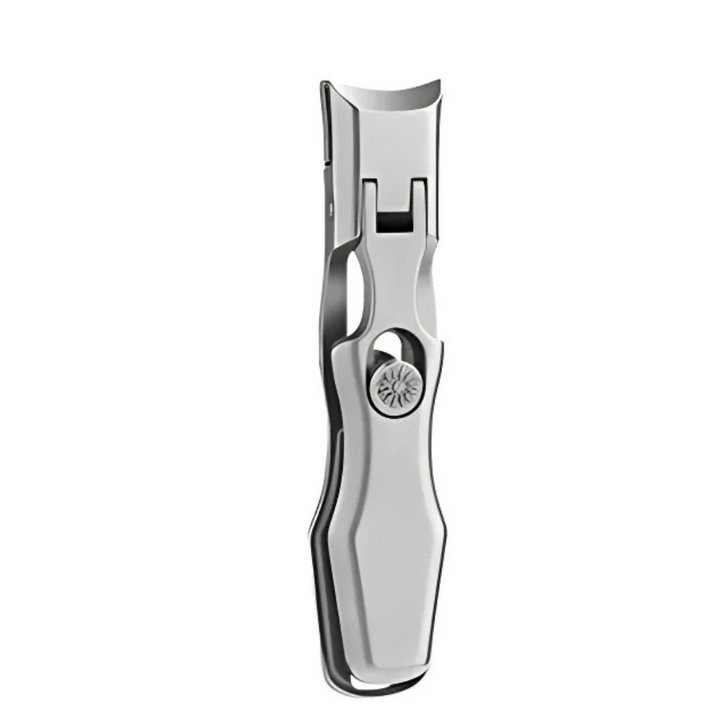 Silver stainless steel portable nail clipper viewed from the front