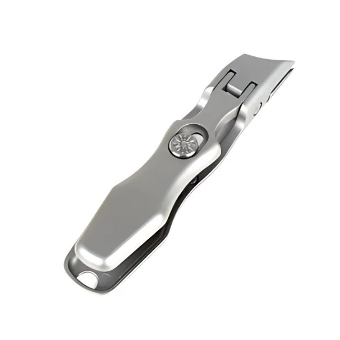 Silver stainless steel nail clipper angled view showing sharp blade