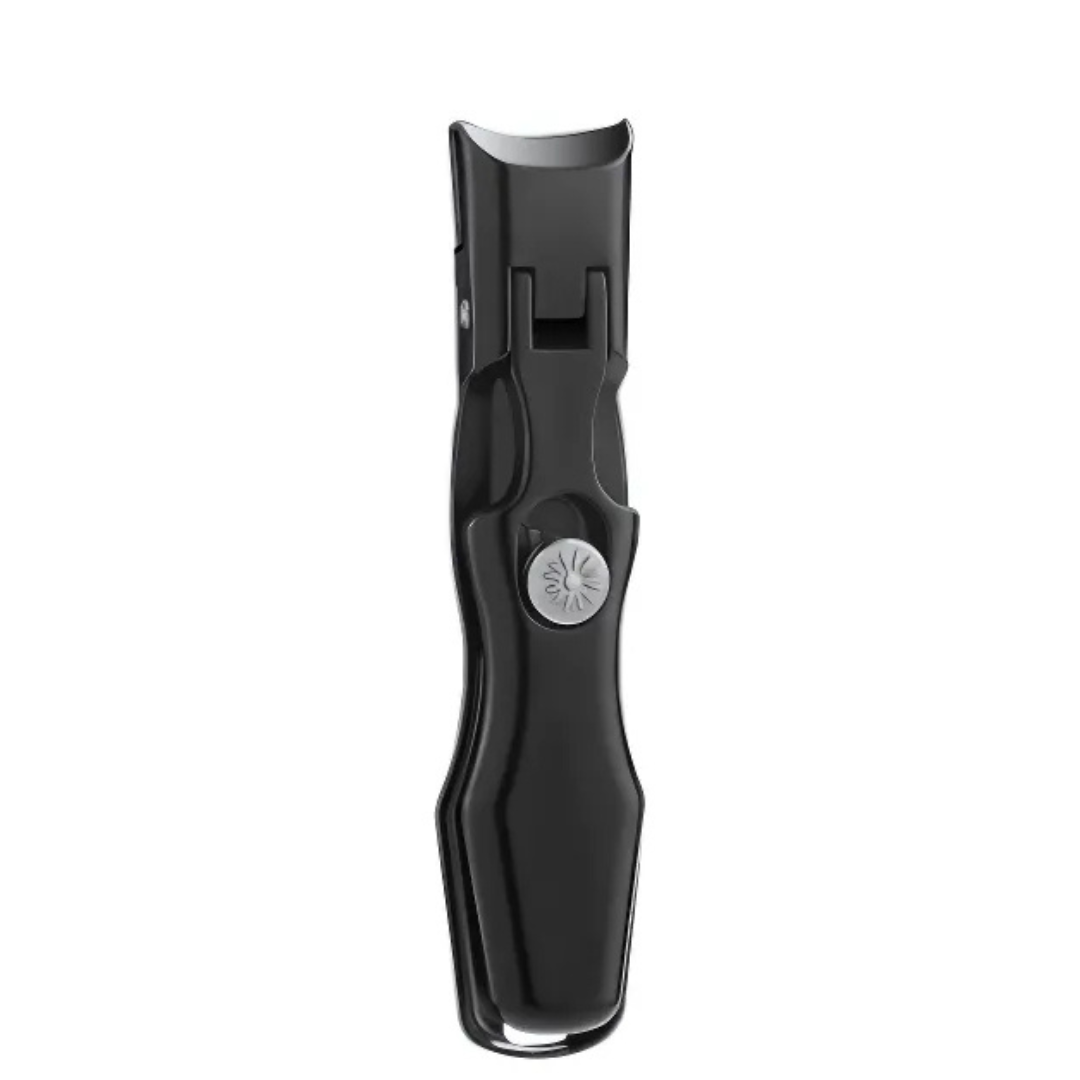 Black stainless steel portable nail clipper viewed from the front