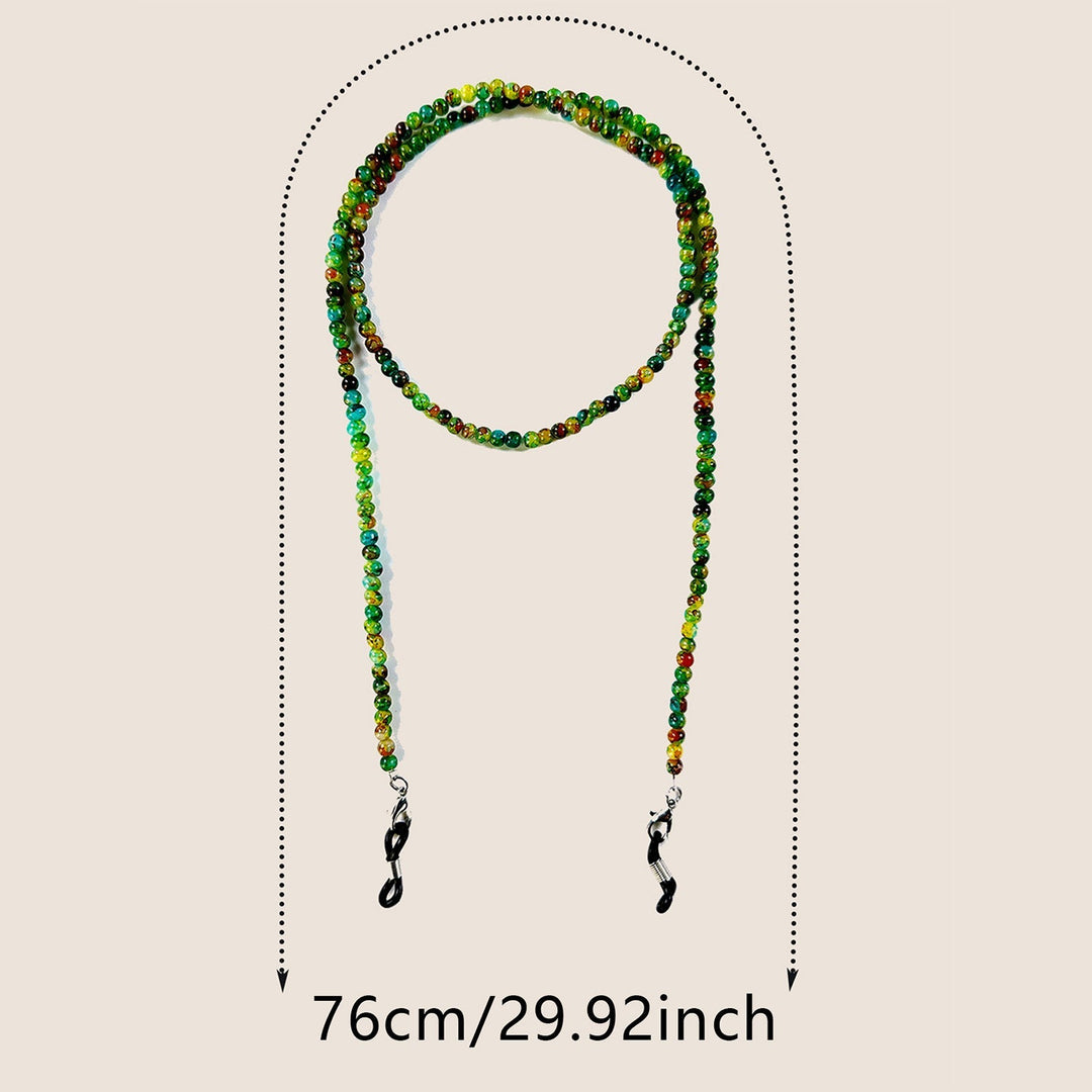 Complete view of the stylish beaded sunglasses strap and eyewear holder ready for daily use