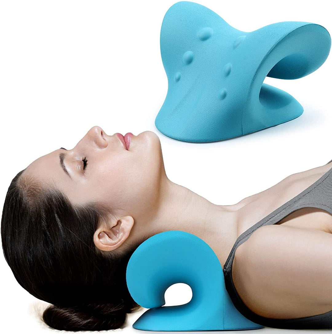 Person lying down using the blue neck relaxer traction device