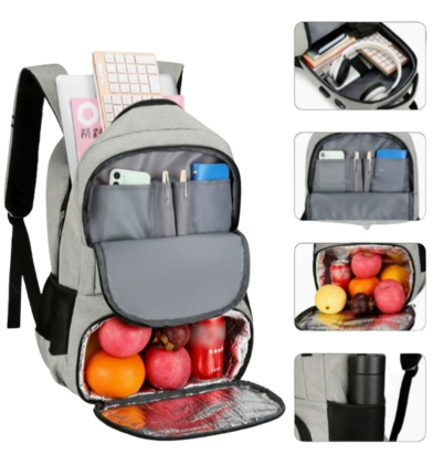 Grey waterproof laptop and lunch backpack displaying open compartments filled with food and office supplies