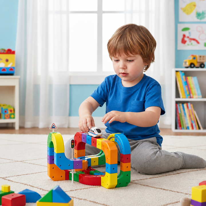 Kids Magic Rail Cube Track Toy Set main view with colorful building blocks and train toy