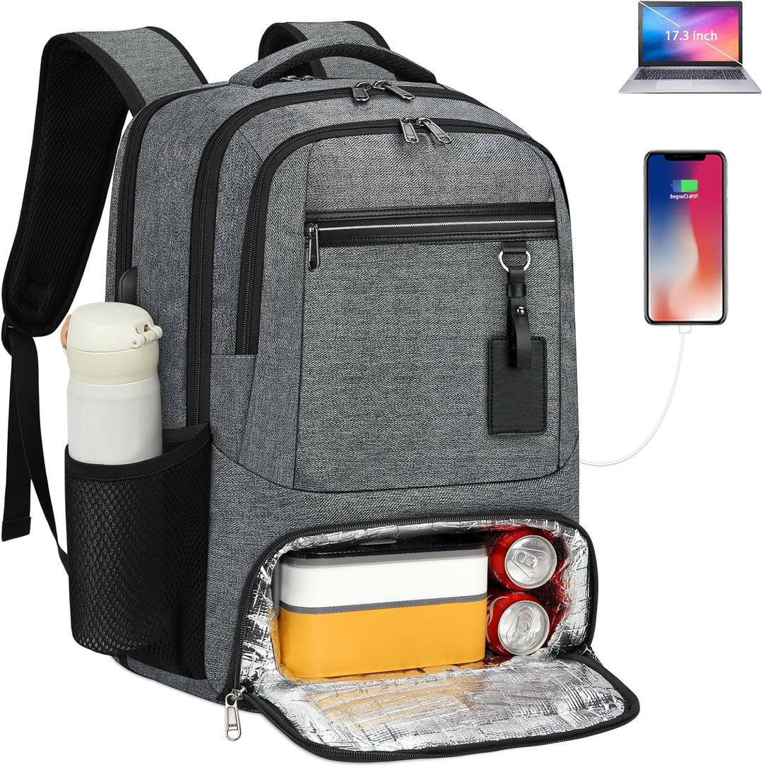 Grey waterproof laptop backpack with front insulated lunch compartment open showing food containers