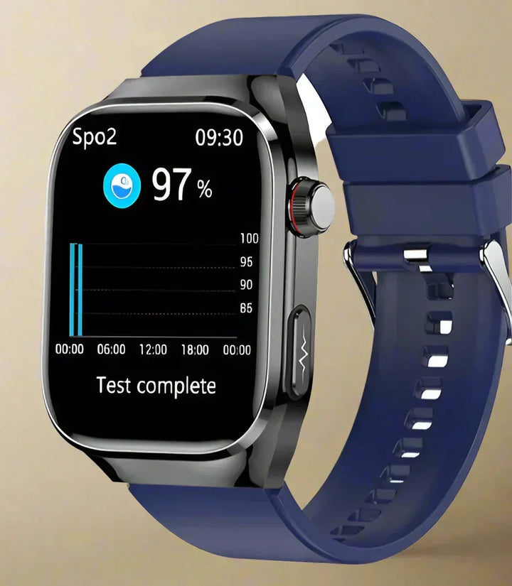Blue smart health watch displaying blood oxygen levels on AMOLED touch screen