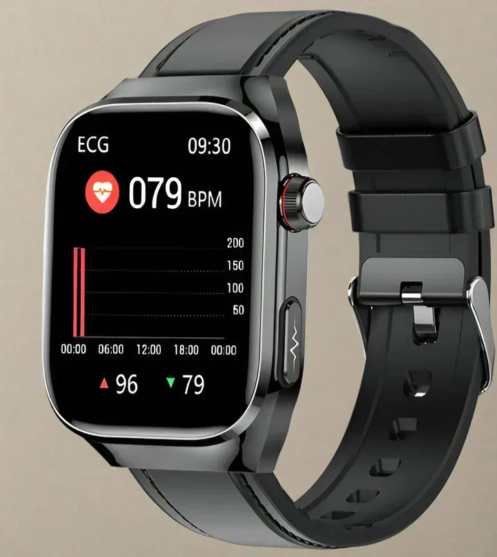 Black smart health watch displaying real-time ECG heart rate monitoring data