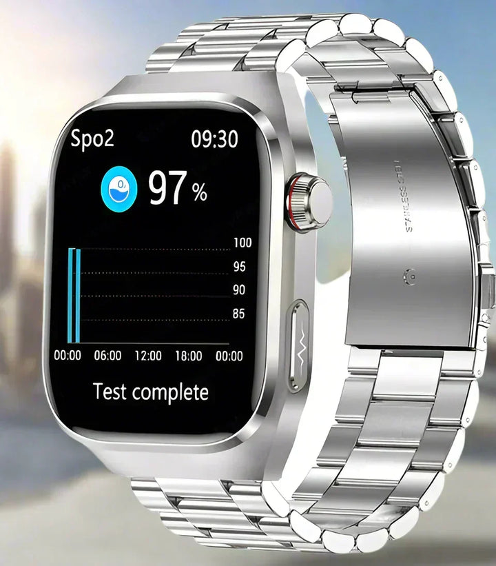 Smart health tracking watch displaying real-time ECG graph on touchscreen