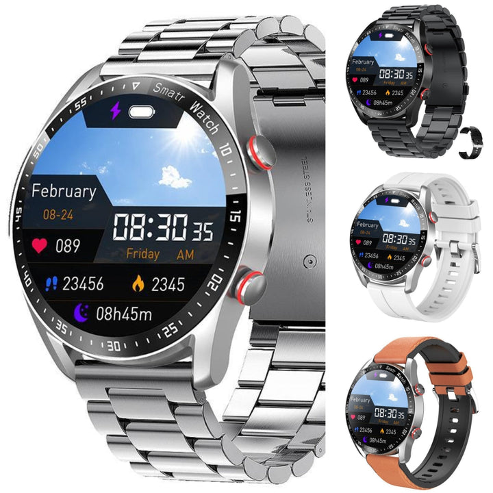 Unisex Bluetooth smartwatch with fitness tracking and black silicone strap