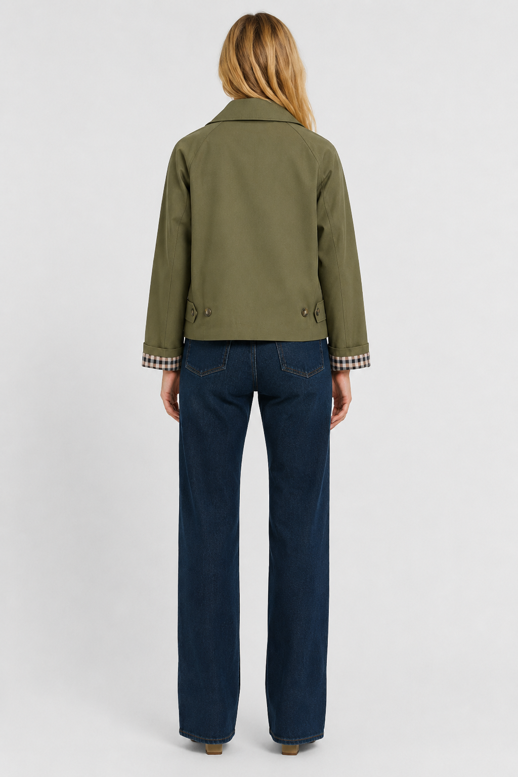 Sleeve cuff and button detail on womens casual jacket