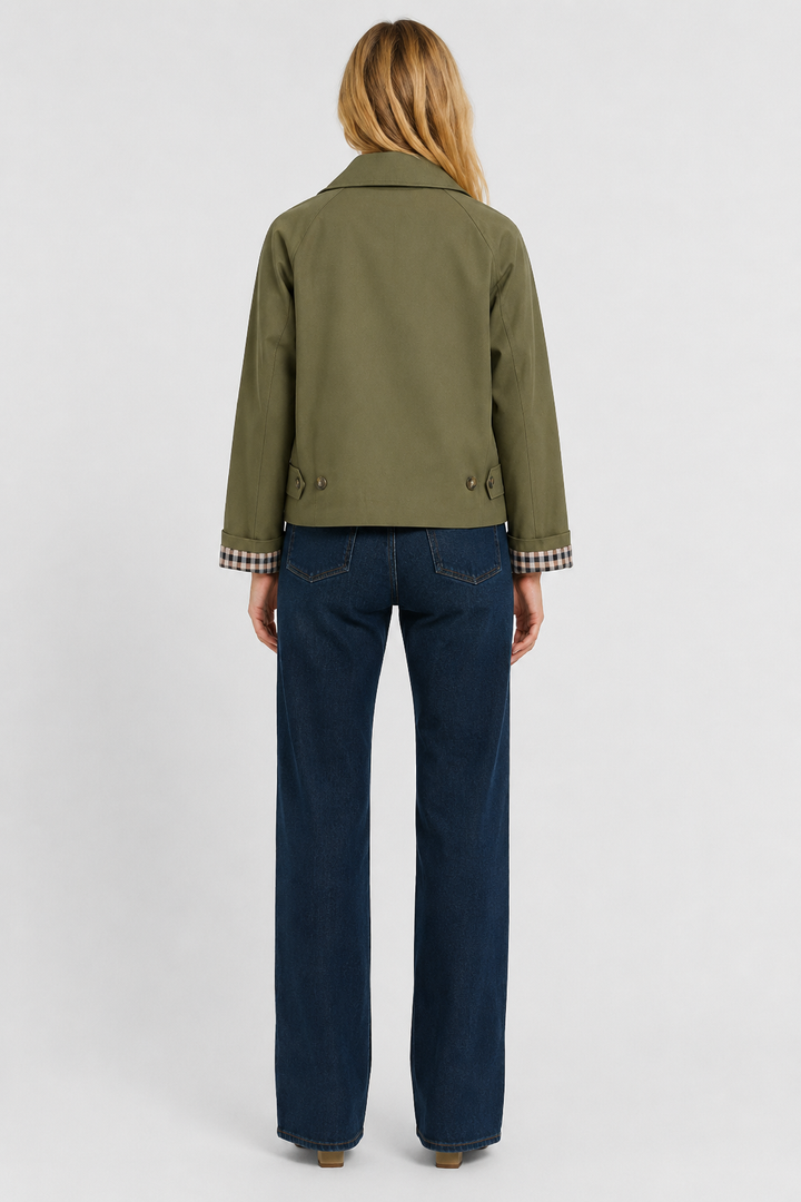 Sleeve cuff and button detail on womens casual jacket
