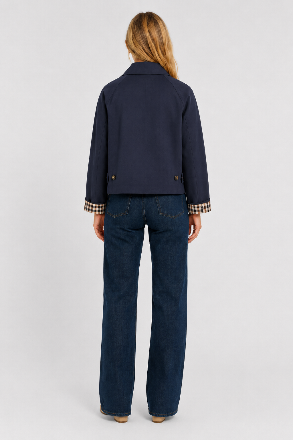 Navy blue transitional jacket layered for cool weather