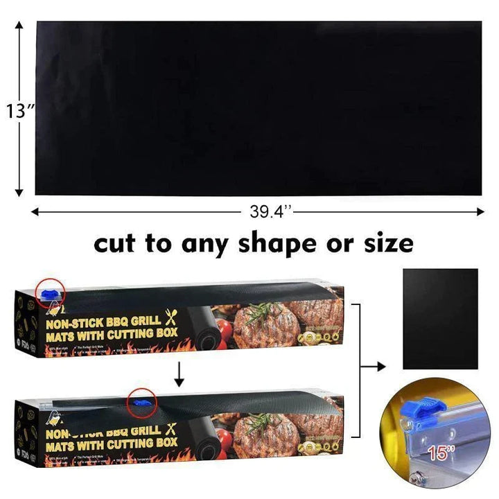 Black non-stick BBQ grill mat roll measuring 33 by 100 cm with cutting box diagram