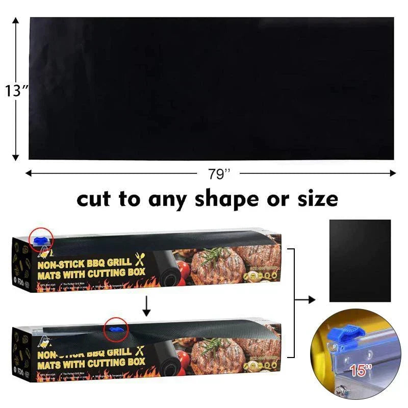 Black non-stick BBQ grill mat roll measuring 33 by 200 cm with cutting box diagram
