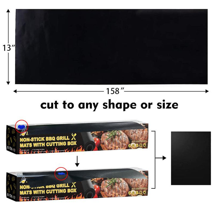 Black non-stick BBQ grill mat roll measuring 33 by 400 cm with cutting box diagram