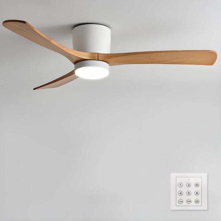 Nordic wooden ceiling fan in white and natural wood finish with bright LED light