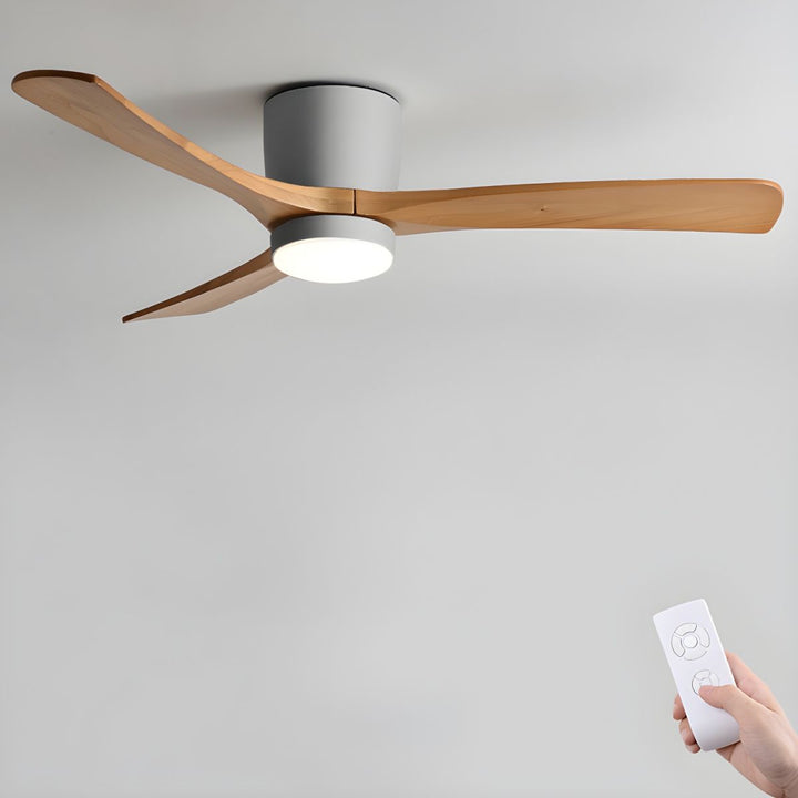 Close up of wooden fan blades on a modern Nordic LED ceiling fan