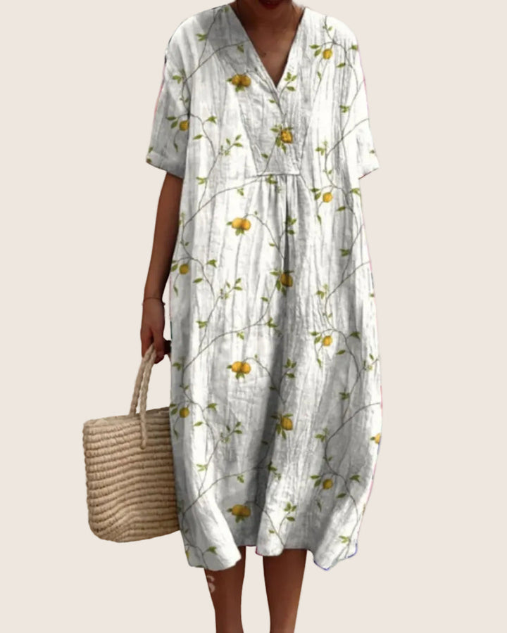 Close-up of fabric texture and floral pattern on casual dress