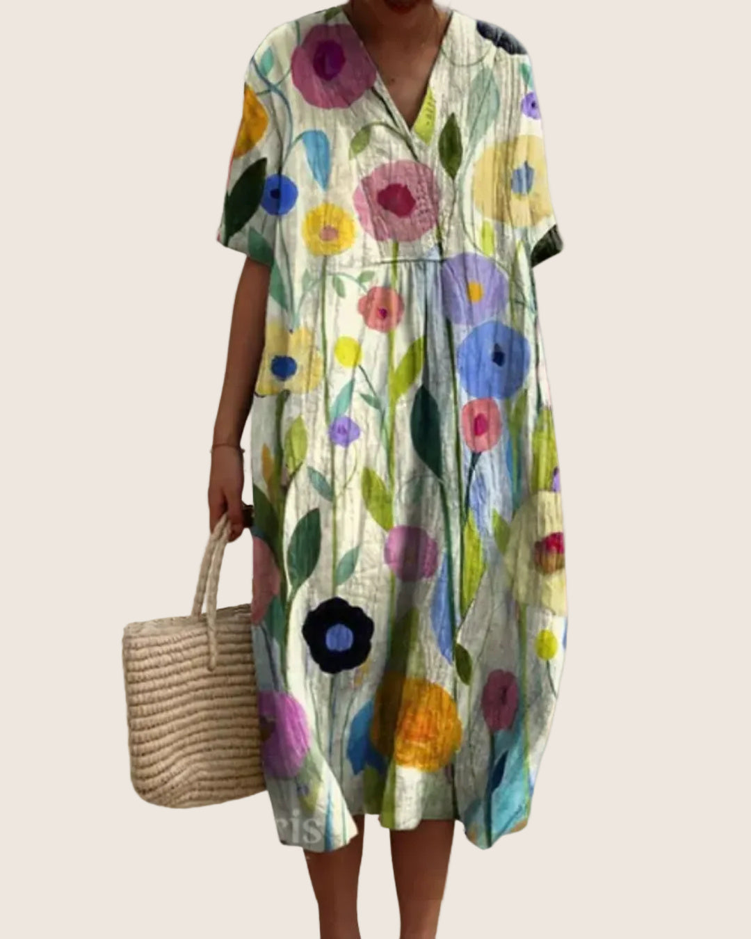 Full outfit view featuring casual floral midi dress and sandals