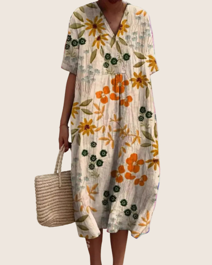Folded view of lightweight fabric on summer floral midi dress