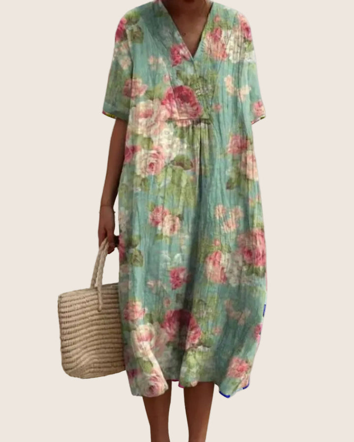 Close-up of short sleeves on casual summer floral dress