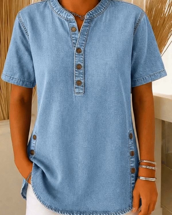 Blue and black women's relaxed fit short sleeve blouse showcasing button detail for casual summer wear