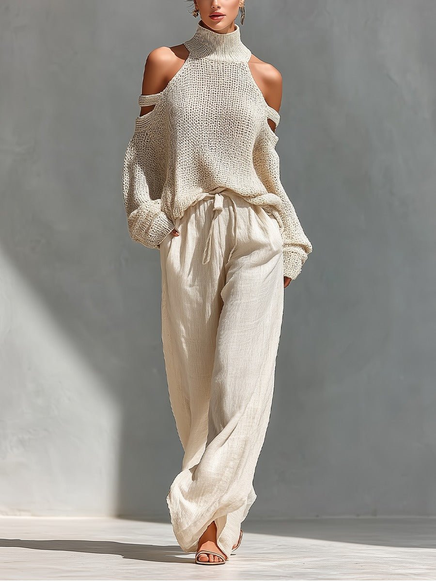 Woman wearing beige off-shoulder two-piece set with wide-leg trousers
