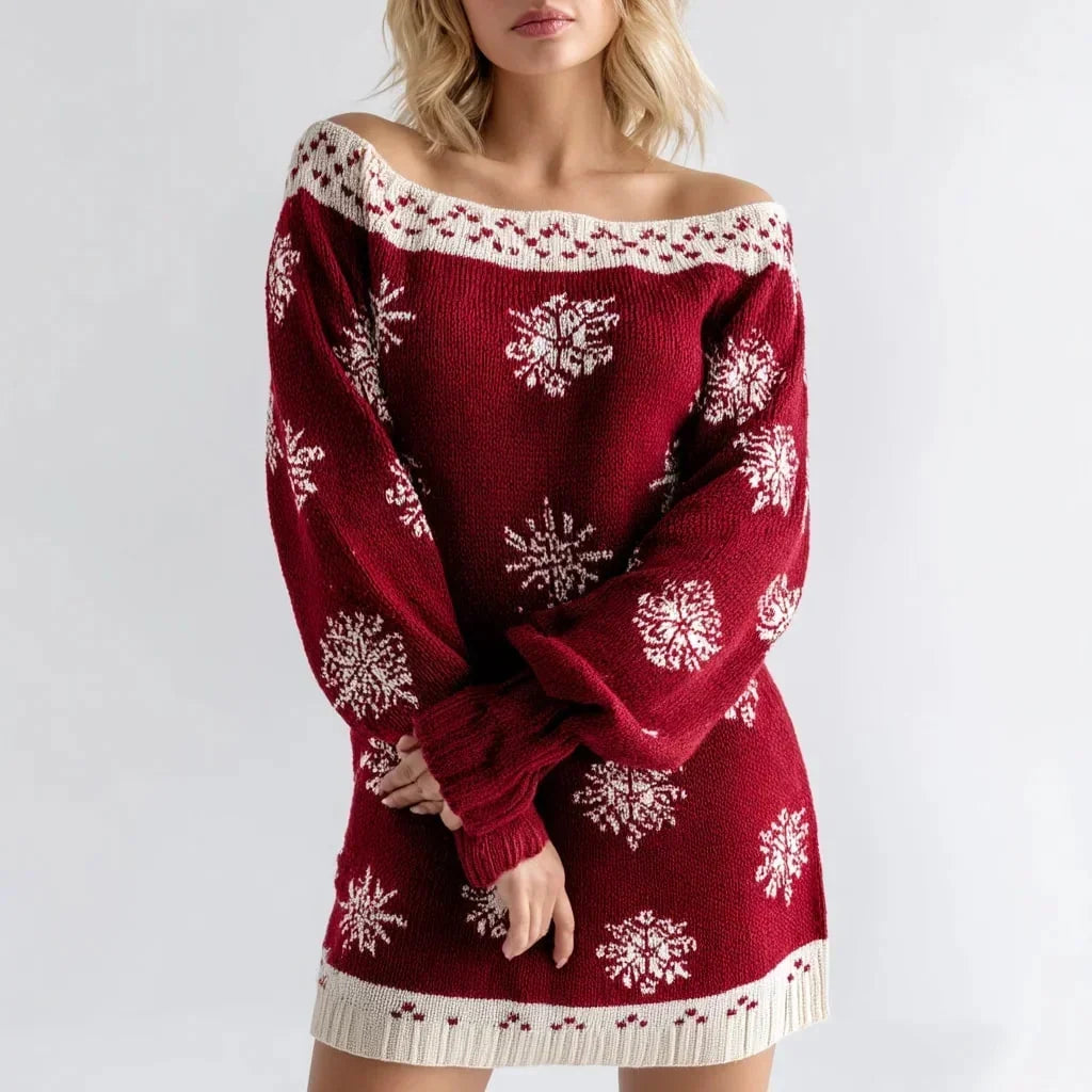 Woman wearing red off-the-shoulder knit midi dress with festive snowflake pattern