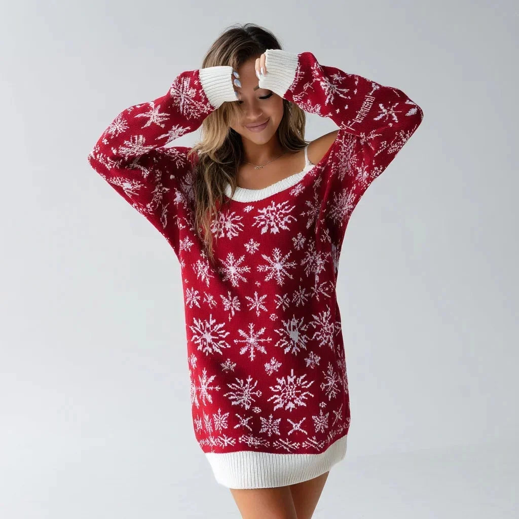 Womens off-the-shoulder festive knit midi dress back view for winter parties