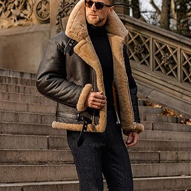 Full view of a man wearing a brown shearling collar jacket outdoors