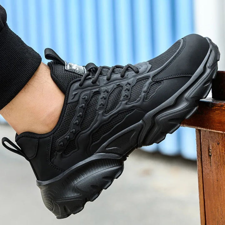 Industrial steel toe shoes close-up on puncture-resistant midsole