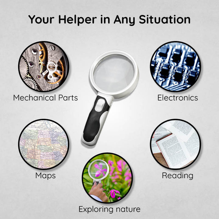 Infographic showing the magnifying glass used for reading, maps, electronics, and nature