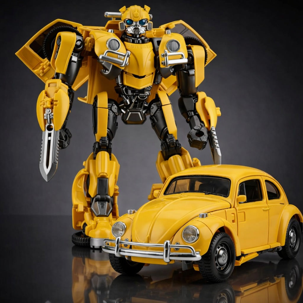 Yellow beetle car style transformable robot action figure with weapon
