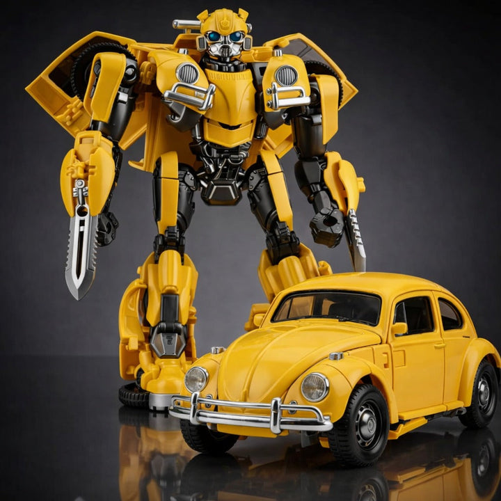 Yellow beetle car style transformable robot action figure with weapon