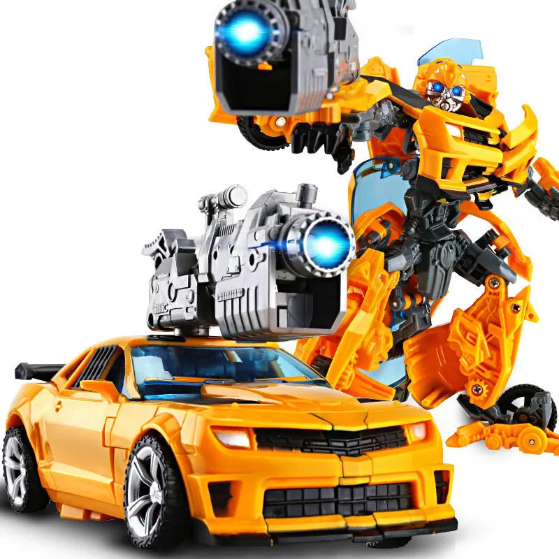 Yellow sports car style transformable robot action figure equipped with heavy blaster cannon