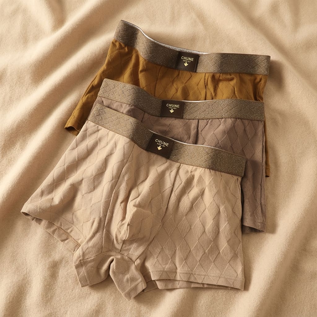 Stacked men's boxer briefs in mixed color shades with wide branded waistbands