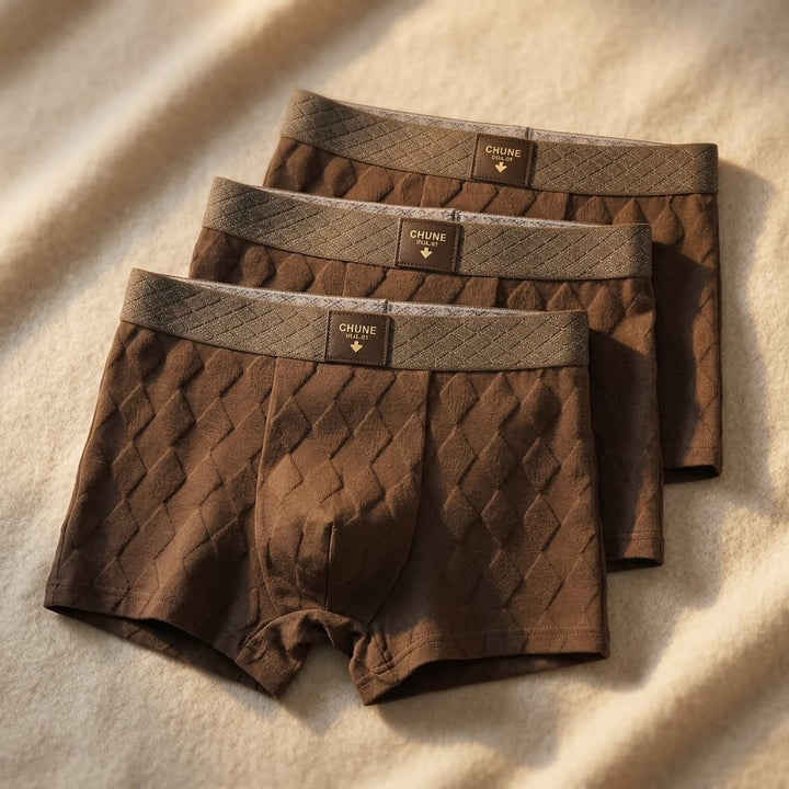 Close-up of dark brown men's boxer briefs featuring soft-knit fabric and secure waistband